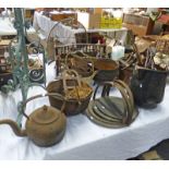 SELECTION OF CAST IRON WARE, PAINTED STAND ETC INC. GRIDDLES, WITCHES POT, ETC.