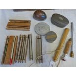 SELECTION OF VINTAGE WOOD LINE WINDERS, WOODEN PRIEST, CONTENTS OF FLIES, A.