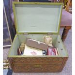PAINTED WOODEN BOX AND CONTENTS TO INCLUDE VARIOUS PLAYING CARDS, GAMING COUNTERS,