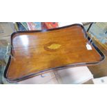 RECTANGULAR MAHOGANY TRAY WITH SHAPED SIDES AND BOXWOOD INLAY