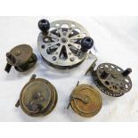 W R PAPE 2 1/4" BRASS REEL, 2 UNMARKED BRASS REELS,