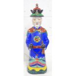 CHINESE FIGURE WITH HAT DECORATED IN BLUE & RED ETC 59 CMS