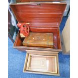 19TH CENTURY MAHOGANY WRITING SLOPE, METAL TRUNK, METAL COFFEE GRINDER,