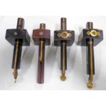 4 BRASS AND WOOD MARKING GAUGES , 3 ARE MARKED W.M.
