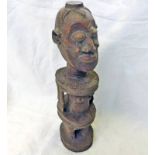 CONGO CARVED WOOD FIGURE WITH GIRDLE SHOULDERS AND BASKET WEAVE CARVING TO WAIST,