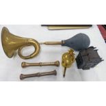 2 18TH OR 19TH CENTURY BRASS PESTLES, BRASS POURER,