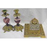PAIR OF GILDED METAL AND MARBLE CANDLE STICKS 18.