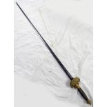 A VICTORIAN COURT SWORD WITH 77 CM LONG DIAMOND SECTION BLADE WITH A GILT BRASS HILT WITH CROWNED