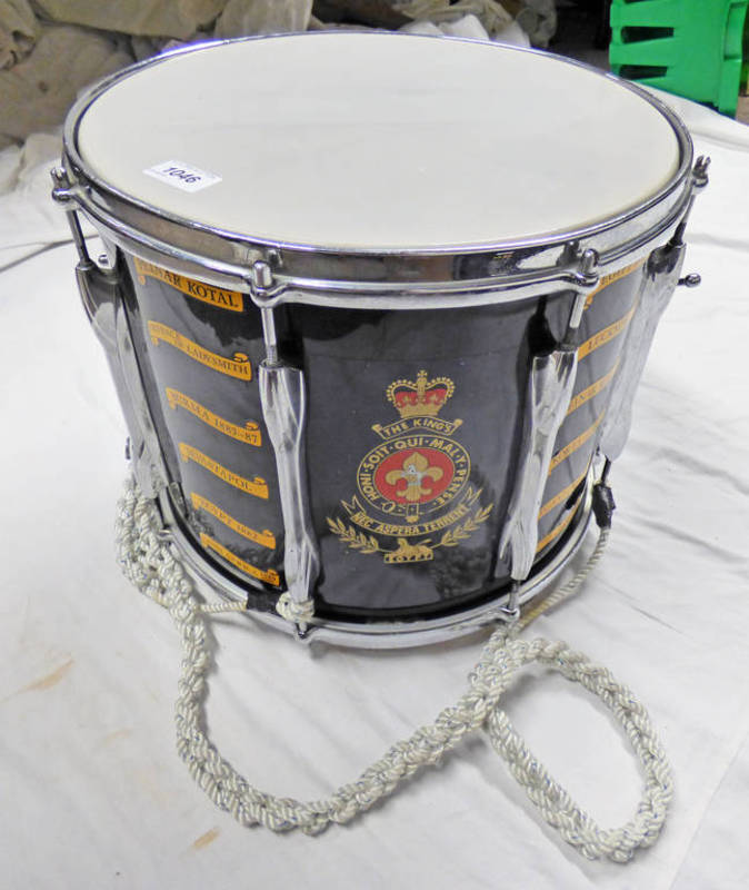PREMIER MILITARY SIDE DRUM TO KINGS REGIMENT WITH BLACK LACQUERED BODY AND CHROME PLATED FRAME AND