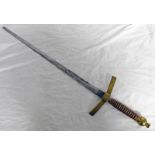 REPRODUCTION SWORD WITH 83 CM LONG DOUBLE EDGED BLADE WITH BRASS CRUCIFORM HILT AND TURNED WOODEN