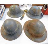 4 BRITISH WW2 CIVIL DEFENCE HELMETS, ALL WITH "MCEWANS, BREWARS" PAINTED TO EXTERIOR,