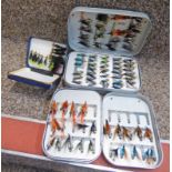 2 RICHARD WHEATLEY FLY BOXES AND ONE OTHER ALL WITH A SELECTION OF FLIES