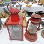 SAND STAR PARAFFIN LAMP IN RED AND A LARGE SQUARE RED PAINTED OIL BURNING LANTERN -2-