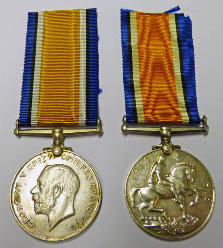 2 1914-1918 BRITISH WAR MEDALS TO '4552.PTE.L. LAIDLEY. BR.W.I.R' AND '713 PTE F.