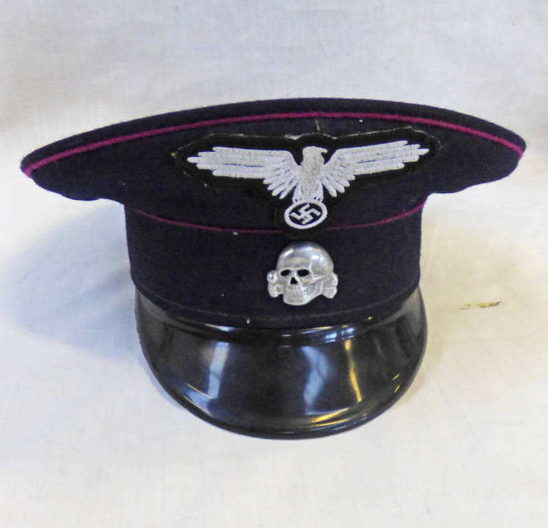 WW2 STYLE GERMAN SS CAP WITH LABEL TO INSIDE "MOLT 57 1856T" WITH SS SKULL TO FRONT