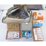 GLIDER FISHING BAG WITH CONTENTS OF VARIOUS FLIES, FLY TYING,