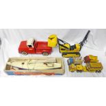 SELECTION OF PLAYWORN TONKA TOY VEHICLES TOGETHER WITH TINPLATE "SPIRIT" SAILING YACHT