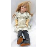 PORCELAIN HEADED DOLL WITH BLONDE HAIR, PAINTED LIPS, LACE TRIMMED DRESS MARKED 2.