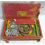 SELECTION OF VARIOUS 1950'S PLAYWORN MECCANO WITH MAINLY RED & GREEN COMPONENTS INCLUDING WHEELS,