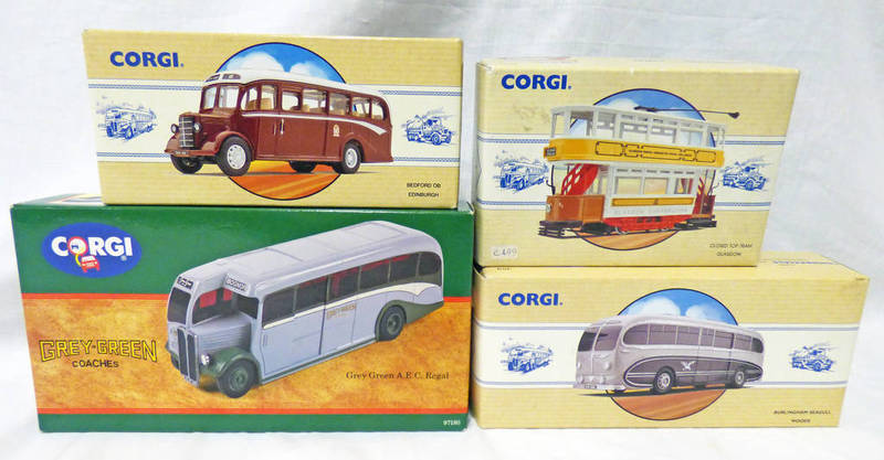 FOUR CORGI MODEL VEHICLES INCLUDING 97180 - GREY GREEN AEC REGAL, 97170 - BURLINGHAM SEAGULL,