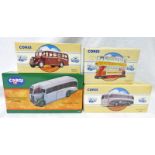 FOUR CORGI MODEL VEHICLES INCLUDING 97180 - GREY GREEN AEC REGAL, 97170 - BURLINGHAM SEAGULL,