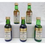 5 OLD MALT CASK WHISKY MINIATURES: ROSEBANK 28 YEAR OLD, DALLAS DHU 21 YEAR OLD,