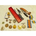 SKEAN DHU MARKED R.A. SCOTLAND & ONE OTHER KNIFE, 2 FIRST WORLD WAR MEDALS TO PTE. C.W. WHITELEY R.