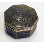 19TH CENTURY OCTAGONAL WHITE METAL AND TORTOISESHELL BOX WITH CARVED DECORATION 4 CM TALL
