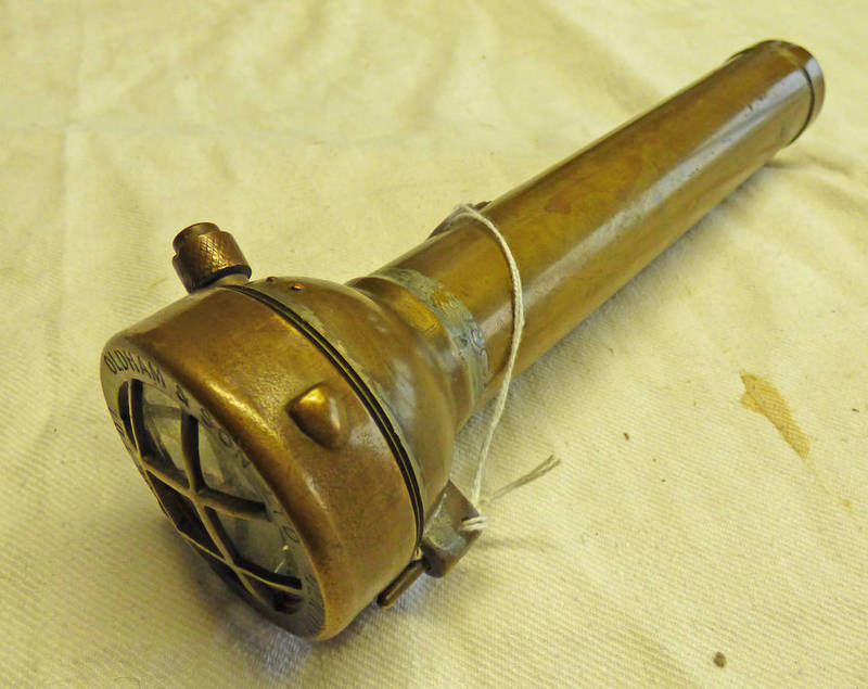 BRASS DIVERS TORCH MARKED 'OLDHAM & SON LTD DENTON MANCHESTER TYPE TDI' 25 CM LONG