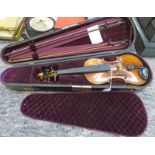 VIOLIN WITH 36CM 2 PIECE BACK WITH 2 BOWS IN A CASE Condition Report: Overall good