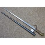 FRENCH GRAS RIFLE BAYONET WITH 52CM LONG BLADE MARKED "MRE - D ARMES DE ST ETIENNE GBNE 1878" WITH