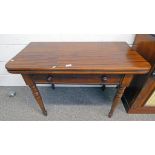 19TH CENTURY MAHOGANY TURN-OVER TEA TABLE WITH DRAWER & TURNED SUPPORTS