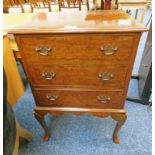 WALNUT BEDSIDE CHEST OF 3 DRAWERS ON QUEEN ANNE SUPPORTS