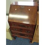 20TH CENTURY MAHOGANY BUREAU WITH 3 DRAWERS & QUEEN ANNE SUPPORTS