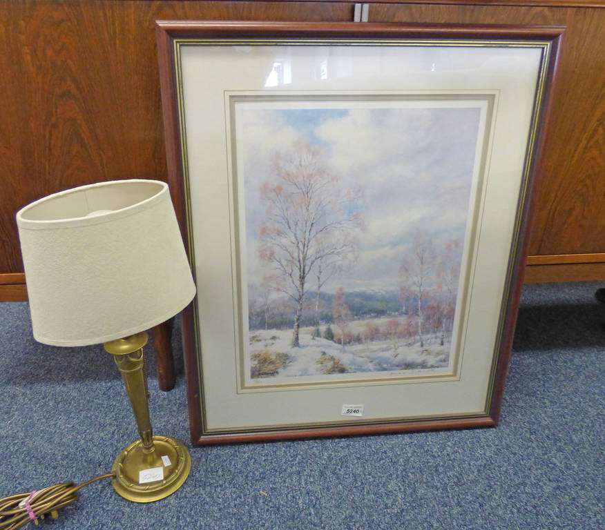 FRAMED PRINT WINTER BIRCHES SIGNED IN PENCIL HOWARD BUTTERWORTH NO 29 OF 500 & BRASS TABLE LAMP