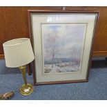 FRAMED PRINT WINTER BIRCHES SIGNED IN PENCIL HOWARD BUTTERWORTH NO 29 OF 500 & BRASS TABLE LAMP