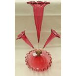 EARLY 20TH CENTURY CRANBERRY GLASS EPERGNE WITH FRILLED BORDER - 42CM TALL