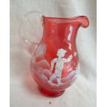 EARLY 20TH CENTURY MARY GREGORY STYLE CRANBERRY GLASS JUG - 14CM TALL