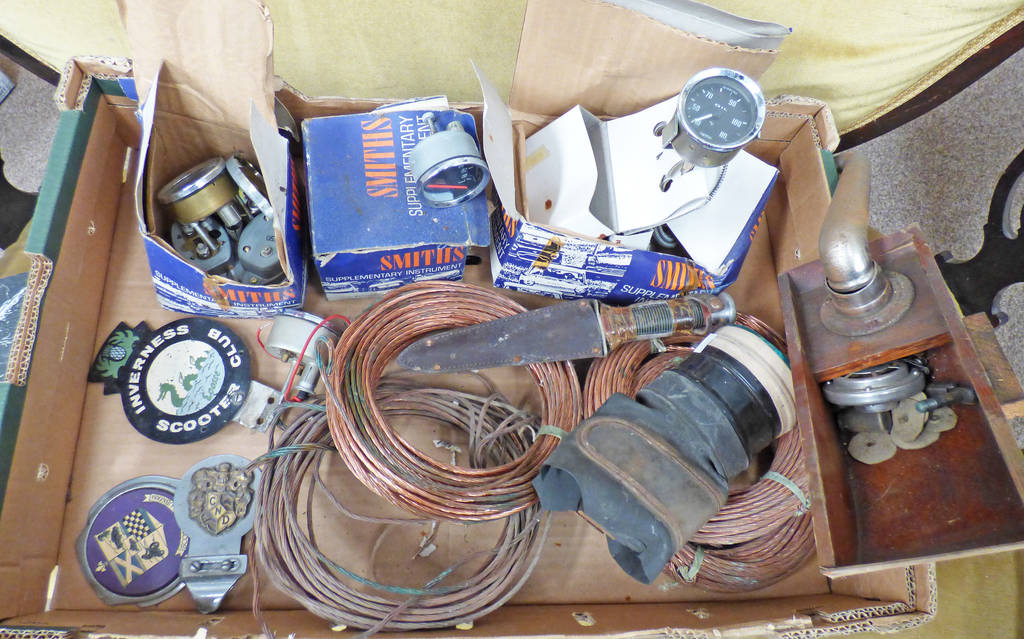 VARIOUS SMITH AUTOMOTIVE GAUGES, ROLLS OF BRAIDED COPPER WIRE,
