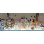 VARIOUS GLASS WARE AND 4 METAL CABOCHON METAL GOBLETS Condition Report: decanters