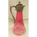 EARLY 20TH CENTURY CRANBERRY GLASS CARAFE WITH SILVER PLATED MOUNTS - 28CM TALL