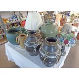 VARIOUS LARGE POTTERY JARS, ORIENTAL WARE, LEADED GLASS TABLE, LAMP ORIENTAL VASES,