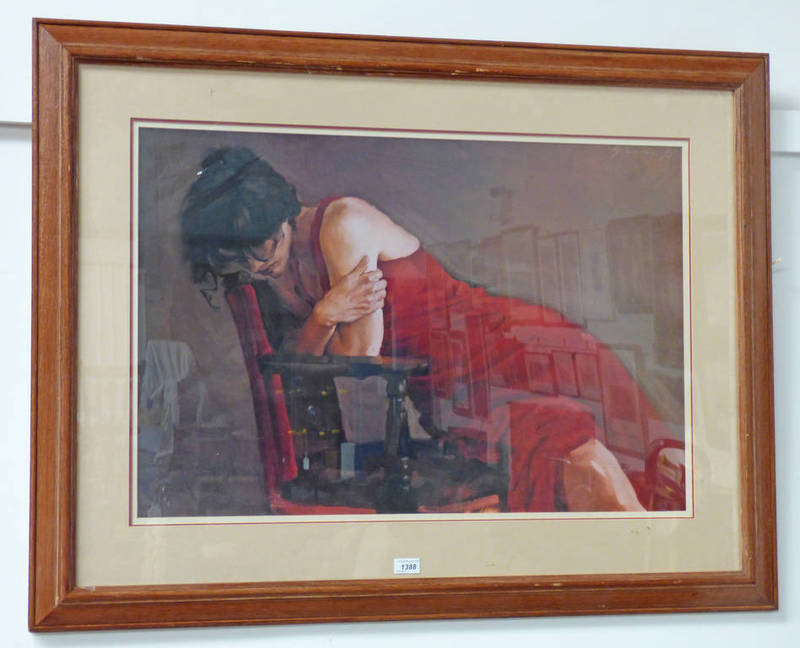 OAK FRAMED PICTURE LADY IN RED DRESS,