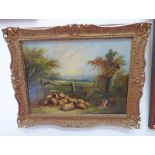 GEORGE ARMFIELD GUARDING THE SHEEP GILT FRAMED OIL PAINTING SIGNED 29 X 39 CMS