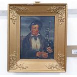 GILT FRAMED OIL PAINTING SCOTTISH GENTLEMAN HOLDING PIPES SIGNED W R - 19.5 X 15.