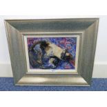 IN THE STYLE OF ELIZABETH BLACKADDER, CAT ON RUG, FRAMED OIL PAINTING,