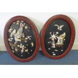 PAIR OF ORIENTAL OVAL WALL PLAQUES WITH MOTHER OF PEARL,