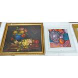 GILT FRAMED PAINTINGS OF ROSES & FRAMED PAINTING OF TEAPOT & APPLE Condition Report: