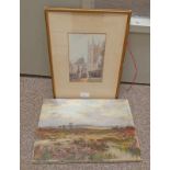 FRAMED WATER COLOUR OF A CHURCH INDISTINCTLY SIGNED - 19 X 13 CMS & UNFRAMED OIL PAINTING SIGNED