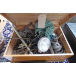 WOODEN TOOL CHEST WITH CONTENTS OF VARIOUS TOOLS TO INCLUDE, HAMMERS, CHISELS, OLD BICYCLE LIGHTS,